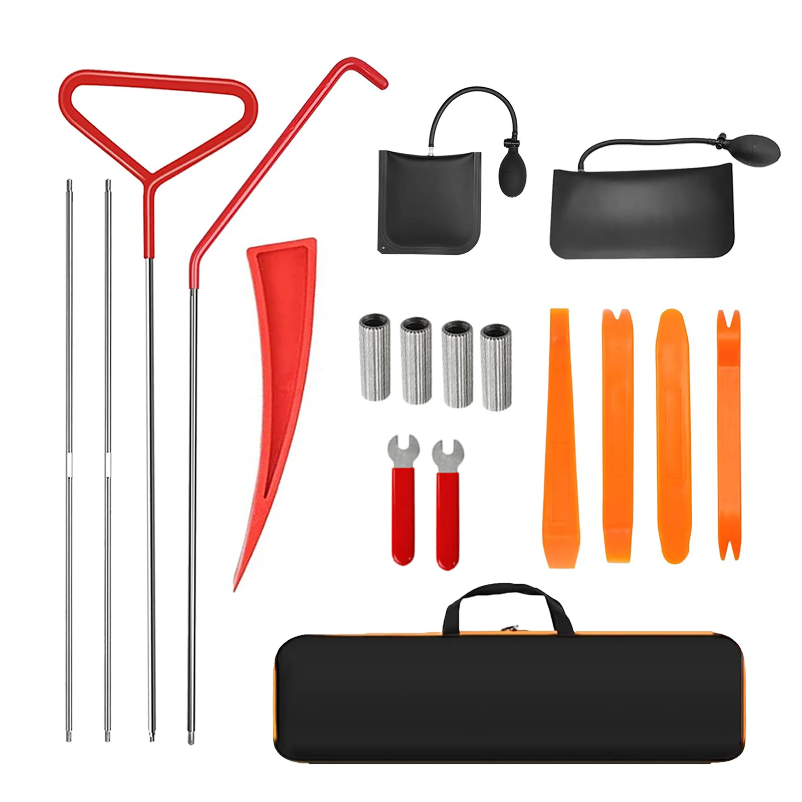 

18-piece car emergency kit with window wedge, air wedge bag pump, long distance grabber, automatic trim and removal tool