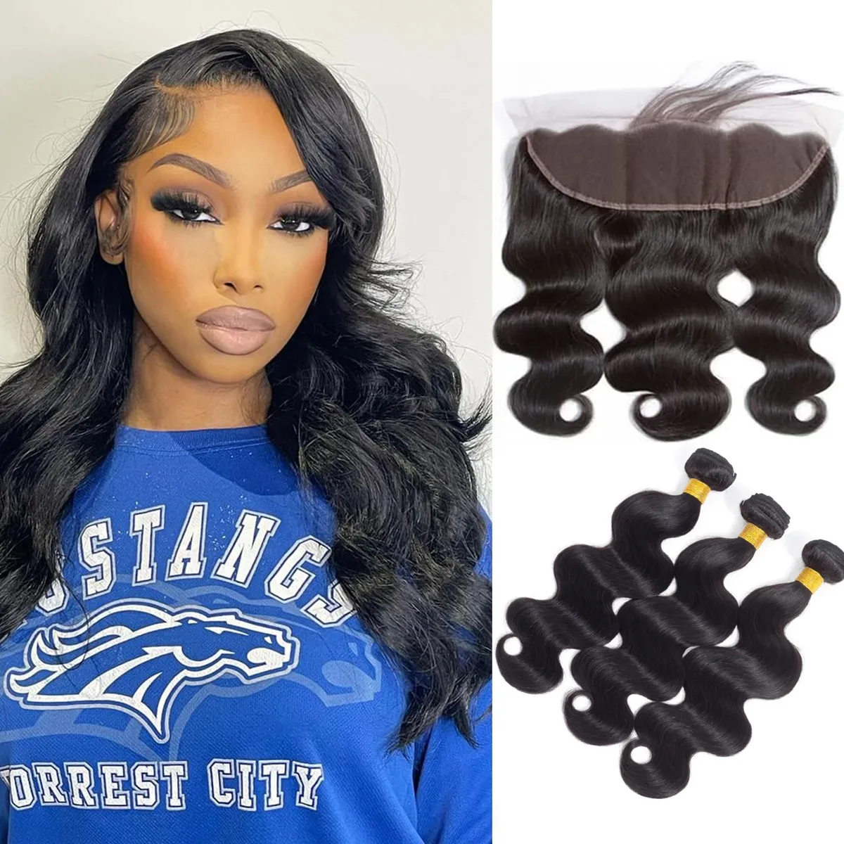 

100% необработанные пучки человеческих волос объемной волны с фронтальной частью 3 шт. плетения человеческих волос и от уха до уха 13x4 кружева спереди натуральный черный