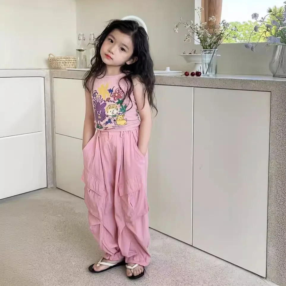 

Children Clothing Kids Solid Color Loose Retro Overalls 2024 Summer New Girls Casual Pants Fashion Loose Straight Pants