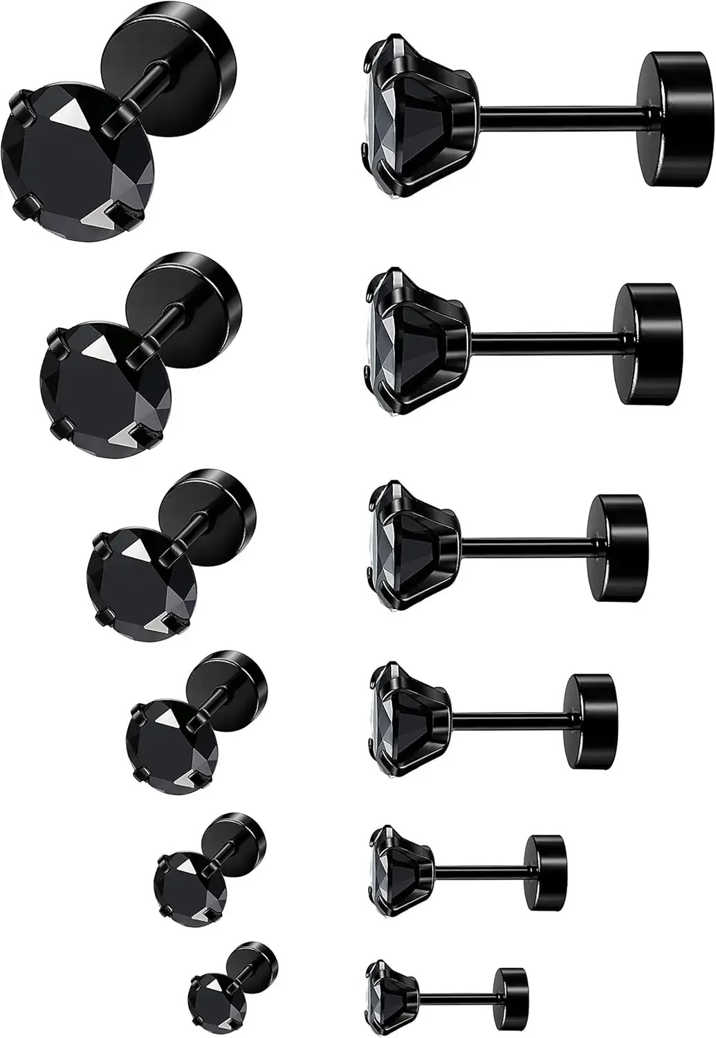 

316L Stainless Steel Stud Earrings, 3-8mm CZ, Hypoallergenic Flat Back, Silver Tone, for Sensitive Ears
