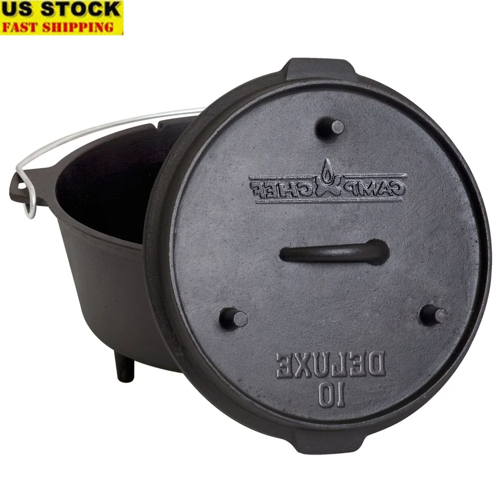 

Deluxe Cast Iron Dutch Oven 6QT Skillet Lid Thermometer Channel Seasoned Cookware Roasting Baking Camping Outdoor Cooking