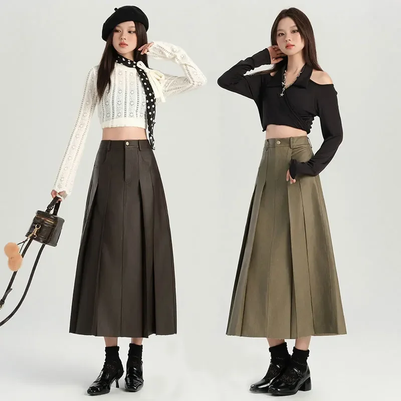 MiiiiX Office Lady Casual Retro PU Leather Pleated Skirt Women's Autumn High Waist A-Line Large Hem Long Skirt Female Clothes