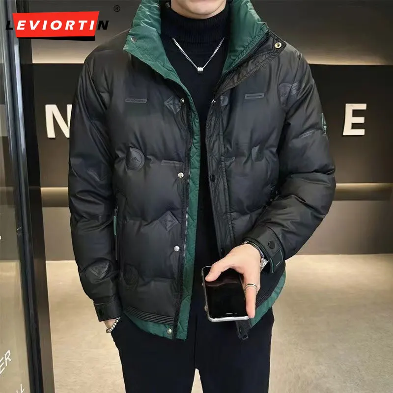 2025 Winter New Men's Fashion Versatile Down Jacket Solid Color Stand Collar Printed Color blocked Loose Casual Down Jacket