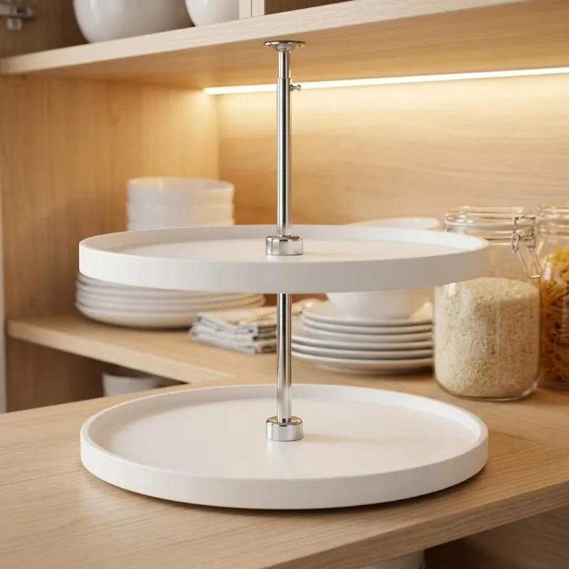 Kitchen Cabinet Double-layer 31.5x28x28 inch round plastic rotating lazy turntable cabinet storage box all white