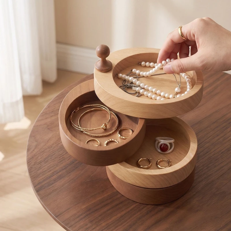 Solid Wood Jewelry Storage Box Rotating Jewelry Organizer Boxes Large Ring Necklace Case Multifunctional Desktop Storage Cases