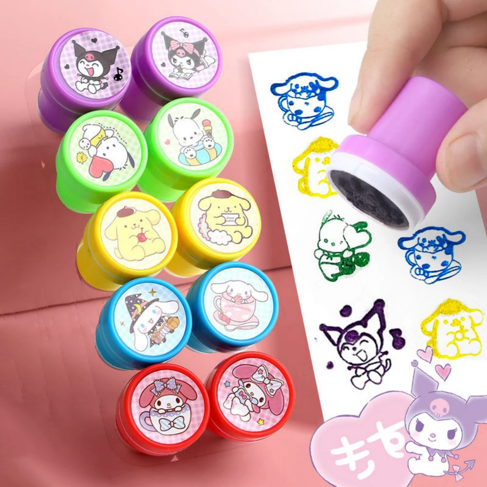 10Pcs/Set Kawaii Anime Self-ink Stamps Cute Kuromi Melody Pompompurin Face Seal DIY Painting Photo Album Stamp Kids Toys Gift