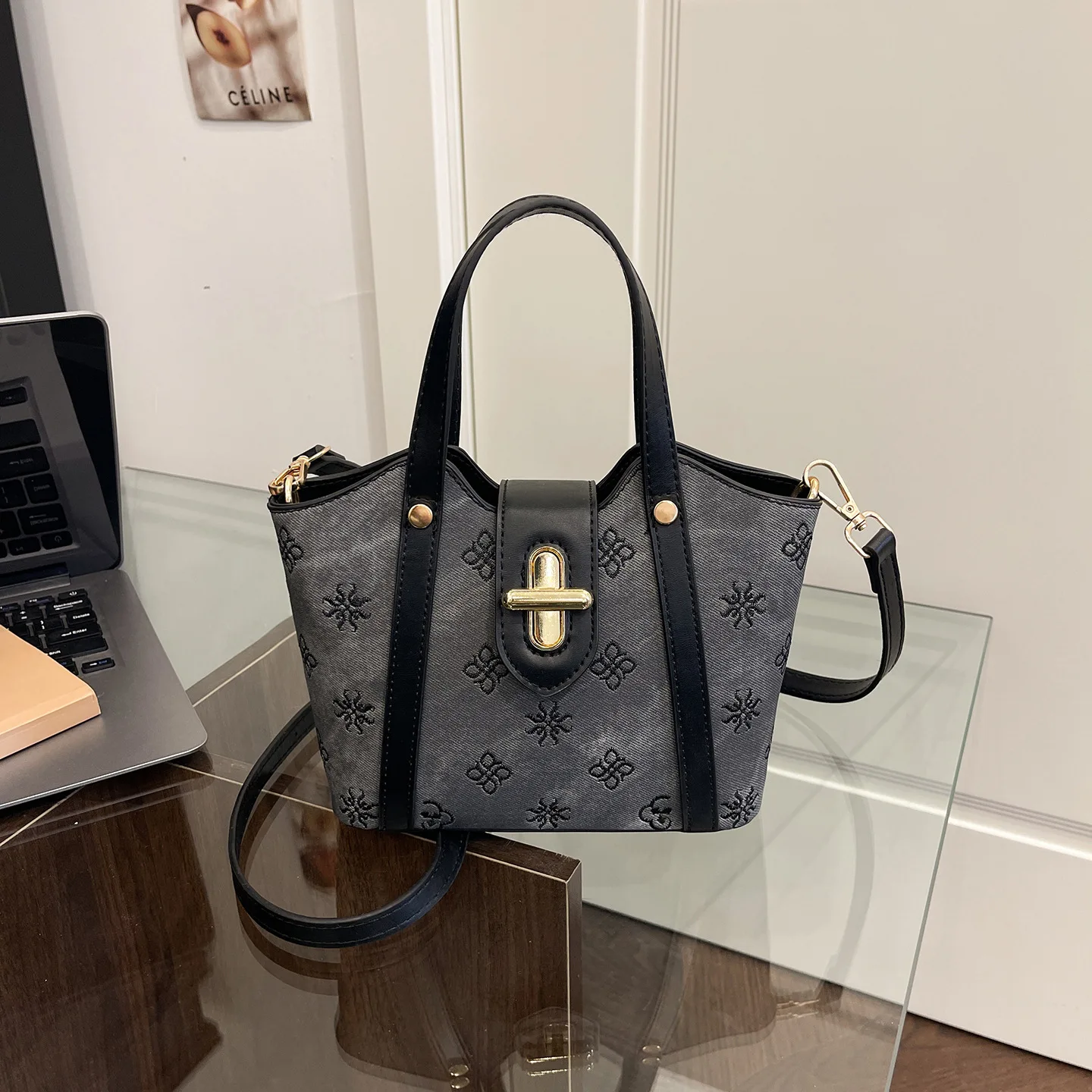 Retro Floral Embossed Mini Bucket Bag for Women, PU Leather Top Handle Handbag, Convertible Crossbody Shoulder Purse for Daily C