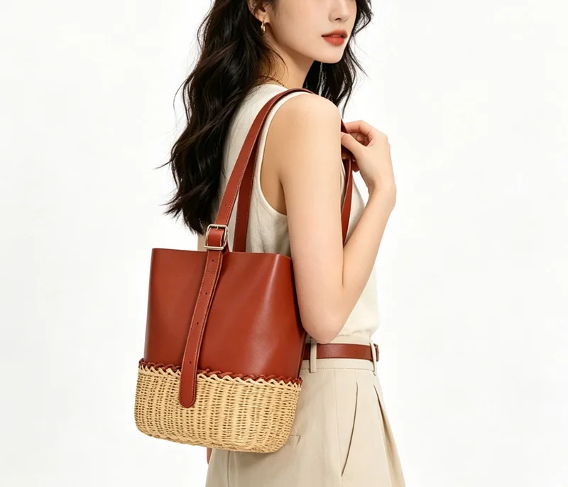 

CLAREGQI Women's Leather & Rattan Bucket Bag Adjustable Strap Summer Beach Woven Shoulder Tote Bag Casual Bohemian Handbag for