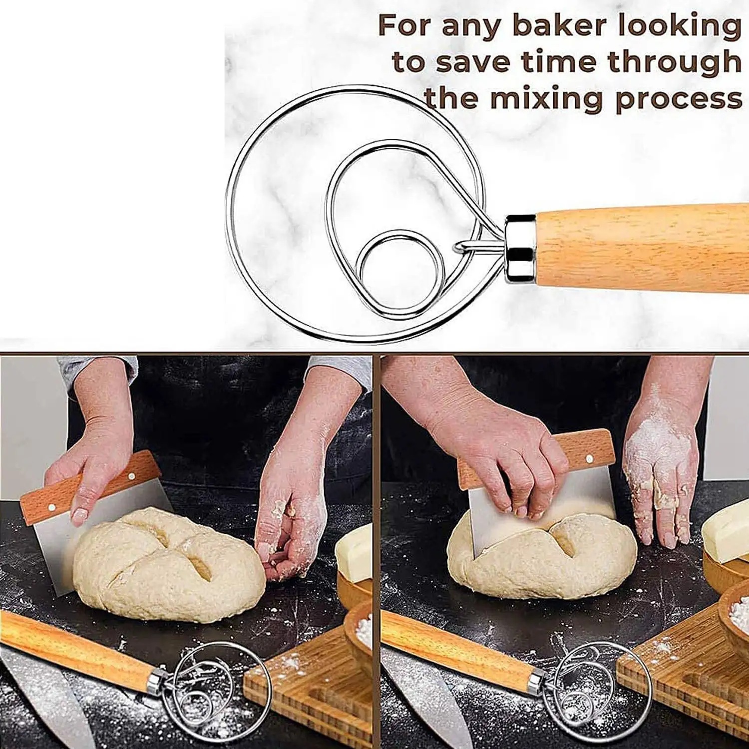 デンマークの生地泡立て器セット、ベーキング用生地スクレーパー、パンハンドミキサー、サワードウパン製造ツール、2個、3パック