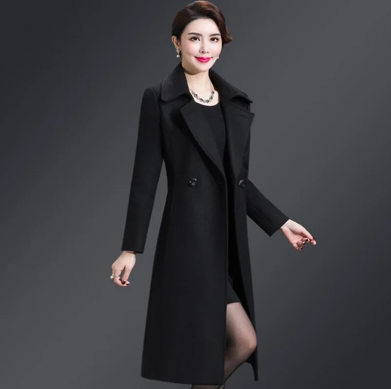 

New Women Wool Blends Long Coat Autumn Winter Fashion Lacing Sashes Slim Waist Woolen Jacket Slim Outerwear Female