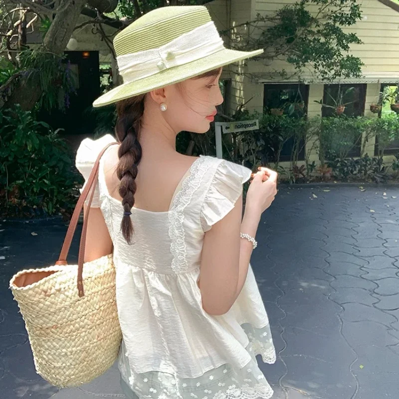 Summer Hemp Yarn Turquoise Embellishment Straw Hats for Women Ladies Flat Brim Ribbon Beach Sunscreen Travel Dress Fedora Caps