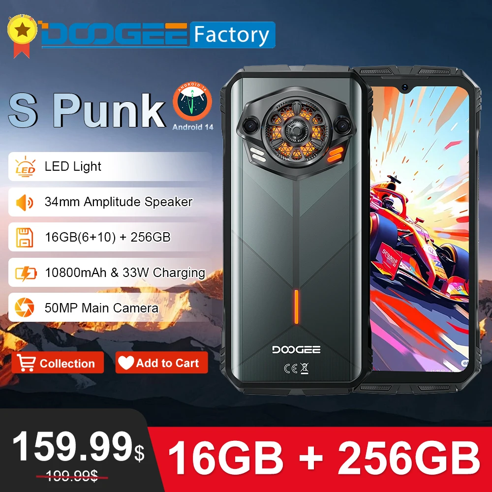 DOOGEE S Punk 34mm Amplitude Speaker Smartphone 16GB(6+10) 256GB LED Light Rugged Cellphone 6.58