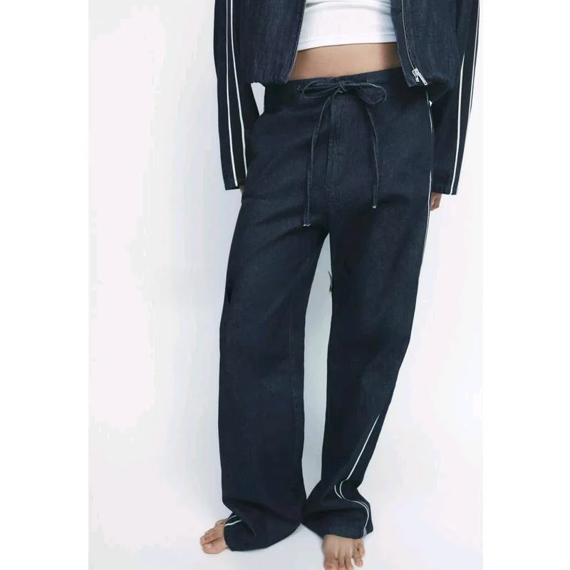 

Spring Women's Denim Jeans Side Strap Decorated Patchwork Stripes Denim Jaet Long Sve Zipper Stand Collar Faion Set