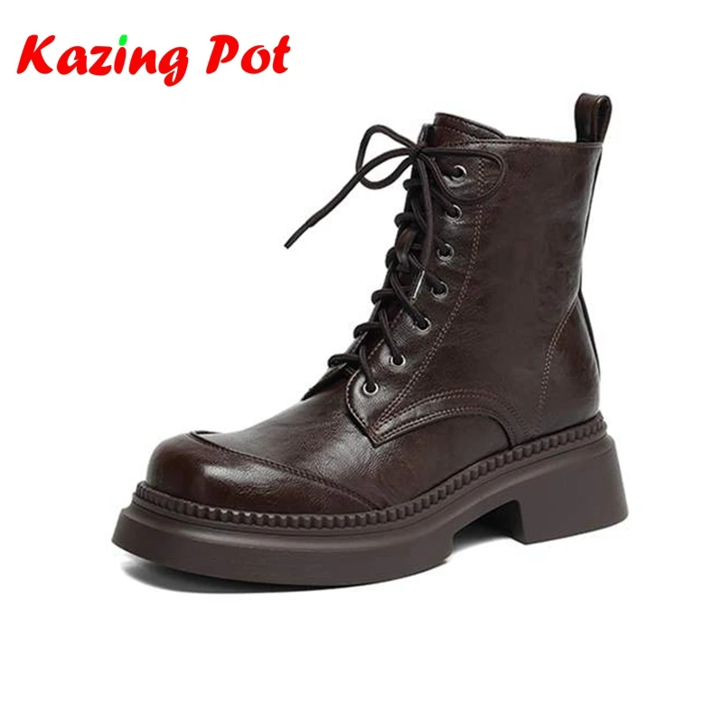 Krazing Pot Microfiber Round Toe Thick High Heels Lace Up Punk Boots Keep Warm Winter Shoes Preppy Style Cross-tied Ankle Boots