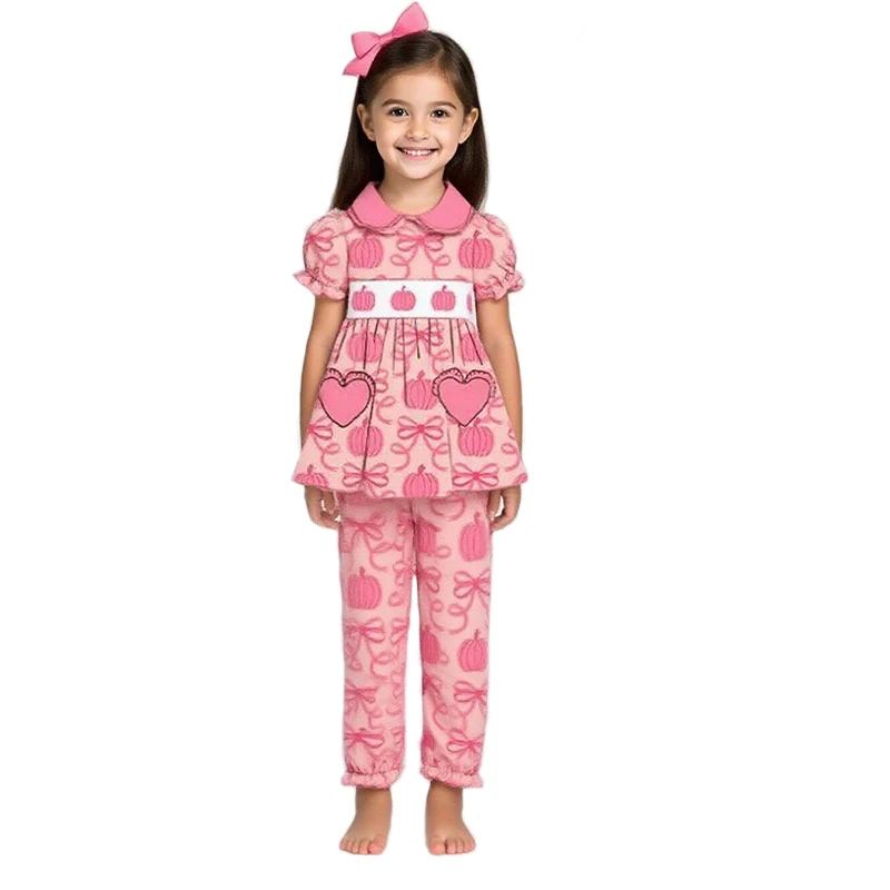 

Girls Thanksgiving Pajama Set Short Sleeve Nightgown with Pumpkin Print Heart Pocket Soft Polyester Fan pink Series