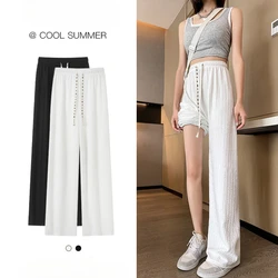 White Ice Silk Wide Leg Pants Women's Summer Thin High Waist Vertical Leg Sports Casual Moped Long Pants Loose Version Comfort