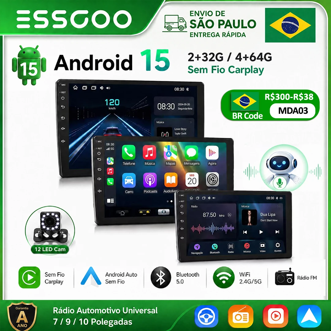 ESSGOO Android 15 4G 64G Multimídia Sem Fio Carplay Automotivo Rádio Navegação GPS para Toyota Hyundai Nissan Kia LADA FIAT VW