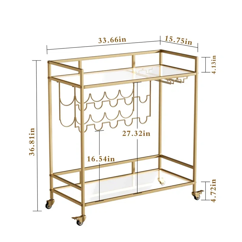 Wine Cart Trolley Mobile Gold Shelf