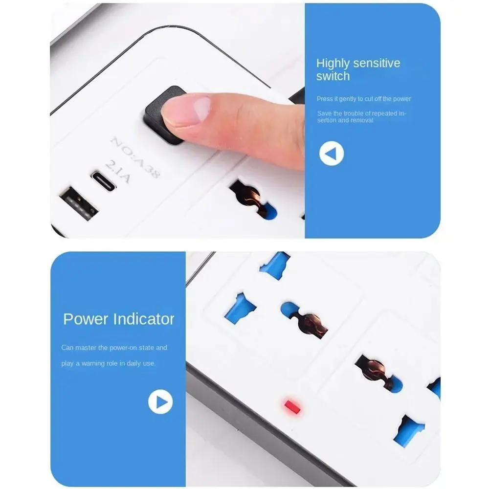 Multiprise Power Multi Tap 2m Extension Cord 6 AC Sockets & 3 USB Outlet Power Strip Power Button Safe 1 Type C