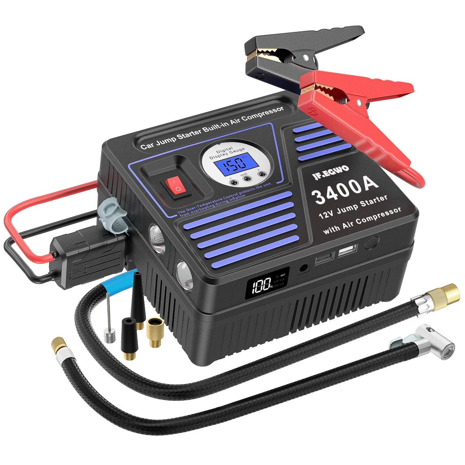 12V 24000mAh 6 in 1 Car Jump Starter with Compressor Portable with Tire Inflator for Outdoor