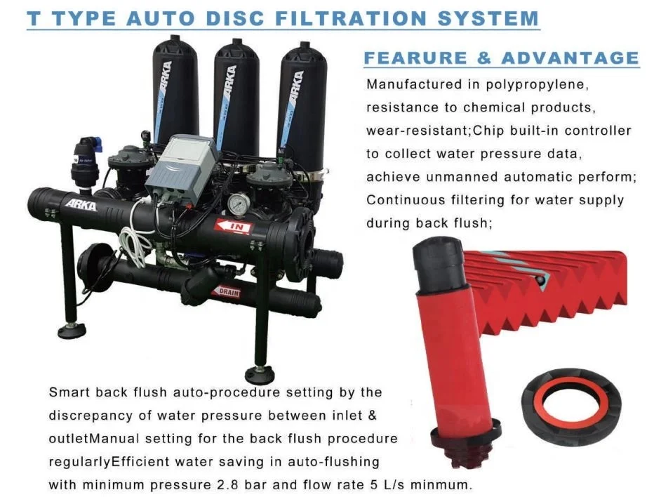 Arka 2 unidades de filtro de disco de retrolavagem automática tipo t sistema de filtragem de água para irrigação agrícola feita de plástico durável