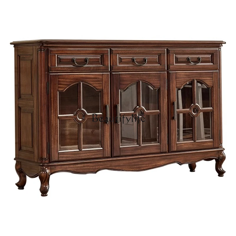 

American Style Solid Wood Sideboard Storage Cabinet Black Walnut Glass Door Entryway Wine Cabinet
