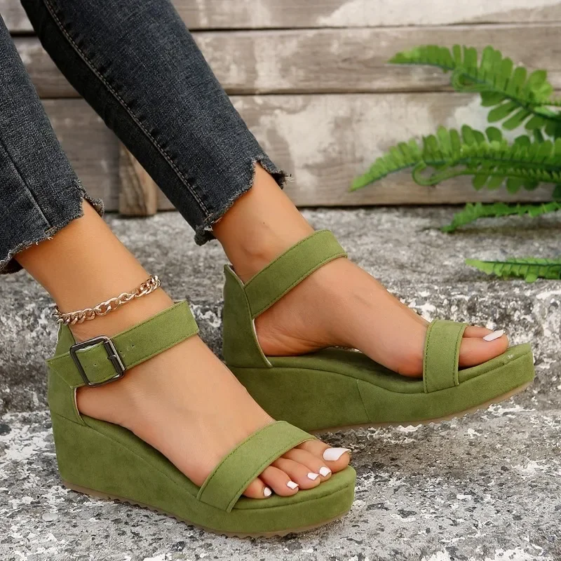 

2025 New Summer Women's Sandals Fashion Buckle Shoes Open Toe Wedge Casual Shoes Women Plus Size 43 Aqua platform Sandals Women