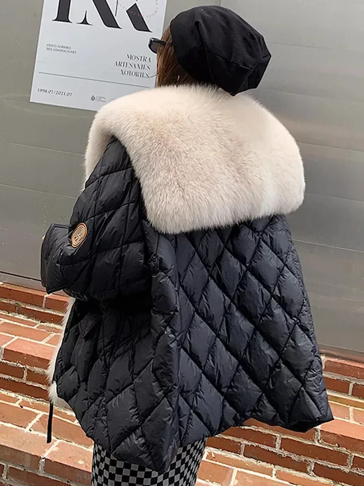 Luxury Fox Fur Collar Winter Coat Women Soft Warm White Duck Down Coats Loose Puffer Jacket Parka Female Windproof Snow Outwear