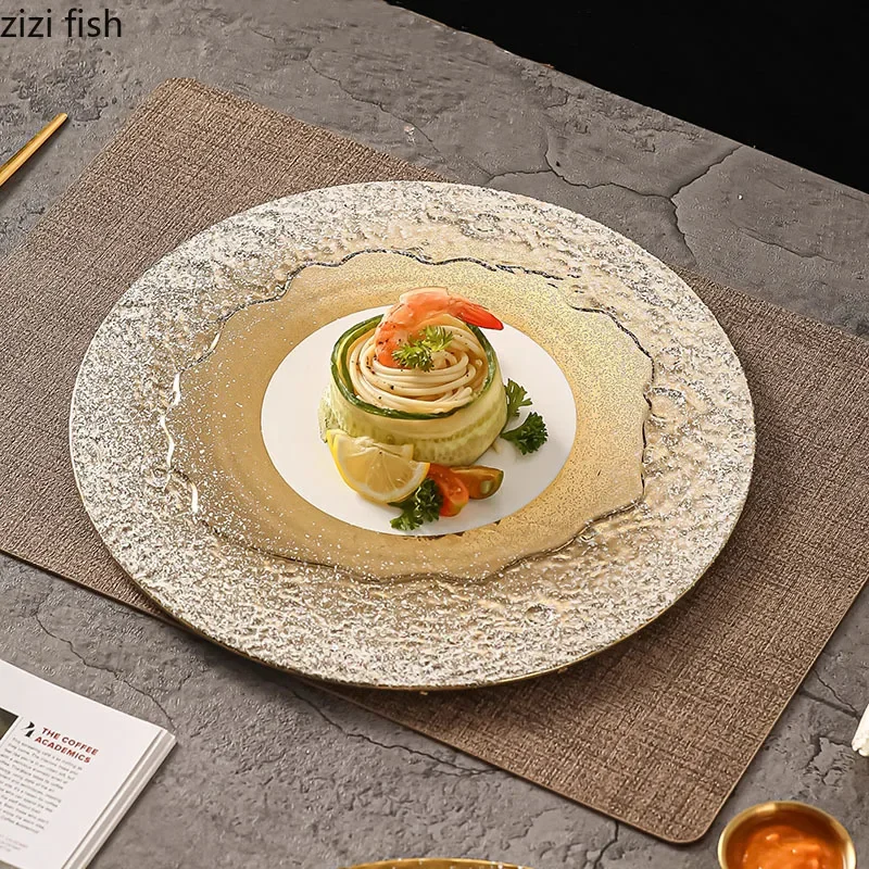 Stone Patterned White Gold Ceramic Flat Plate Steak Plate Dessert Plate Sushi Dish Cooking Plates Restaurant Creative Tableware