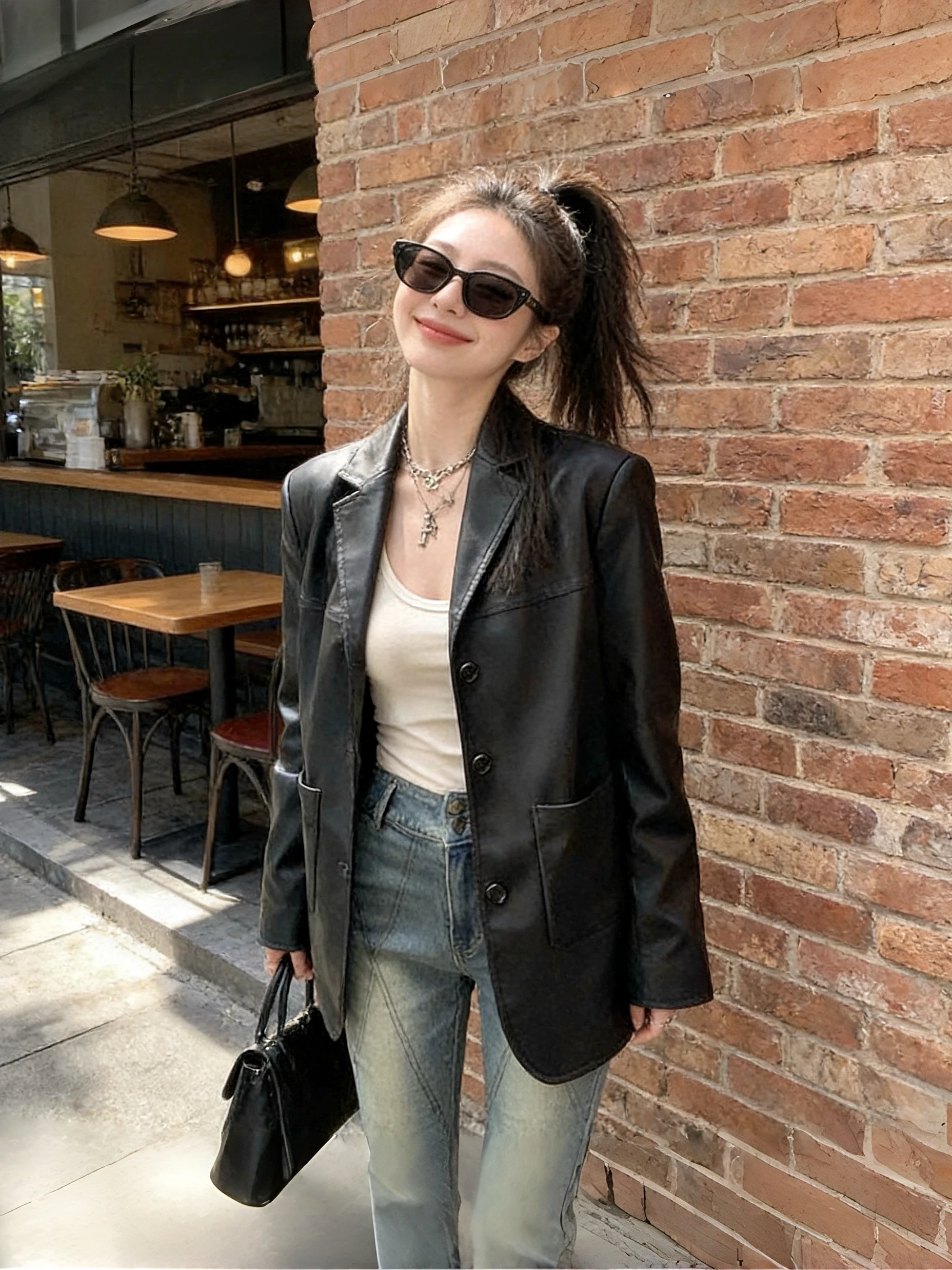 

Женская кожаная куртка Ele Bla свободного кроя в винтажном стиле, повседневная, из искусственной кожи, для весенне-осеннего сезона, модный тренд