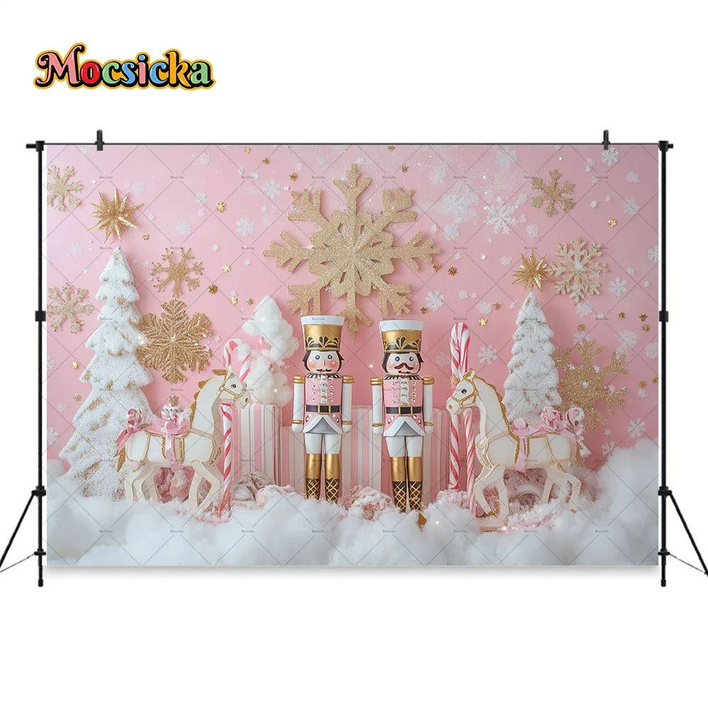 Winter Girl 1st Birthday Pink Background Photography Candy Cane Snowflake Nutcracker Soldier Backdrop Kid Cake Smash PhotoStudio