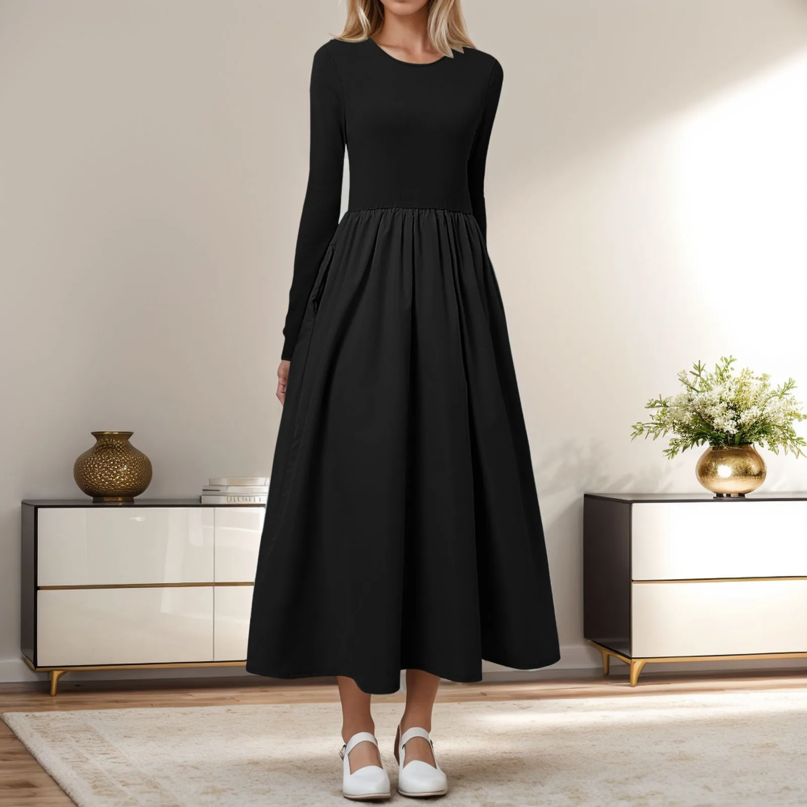 

Casual Long Sleeve Fall Solid Dress Flowy Summer Midi Dresses Wedding Guest Women Casual Plain Elegant Pleated A Line Dress