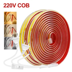 220V COB LED Strip Light with Switch EU Power Plug 2Pin Wire 240LEDs Waterproof Bright Flexible Adhesive Tape LED Lighting Decor