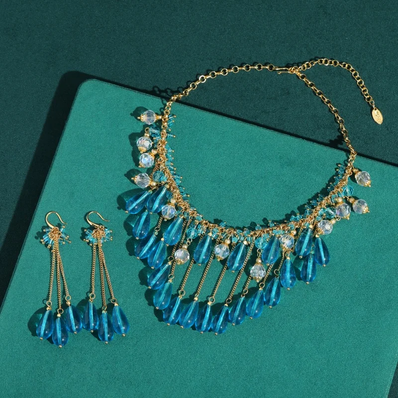 Vintage Blue Glass Linear Waterdrop Pendant Jewelry Sets Water Droplet Necklace Earrings Retro Classic Brand Trending 2026 New