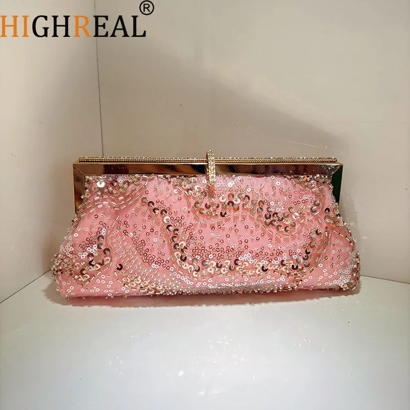 

Luxury Sequins Clip Evening Bags for Women Beading Frame Handbags Ladies Clutch Fashion Cloud Dumpling Shoulder Crossbody Bag