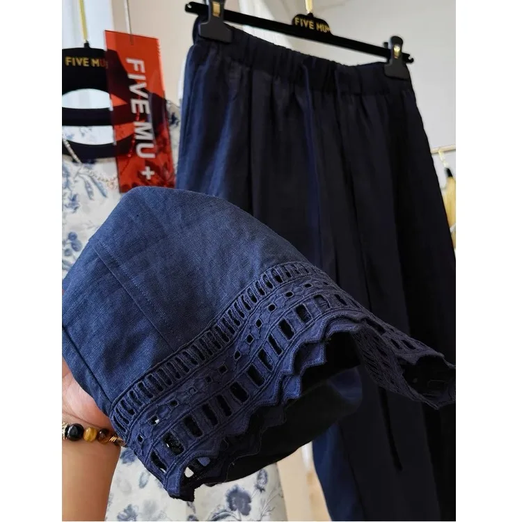 กางเกงลำลองเอวยางยืดผ้าฝ้ายลินินสำหรับผู้หญิง แต่งผ้าไหมลูกไม้ ทรงหลวม ขาตรง ขากว้าง ความยาวเก้าส่วน สีน้ำเงิน ผ้าบาง