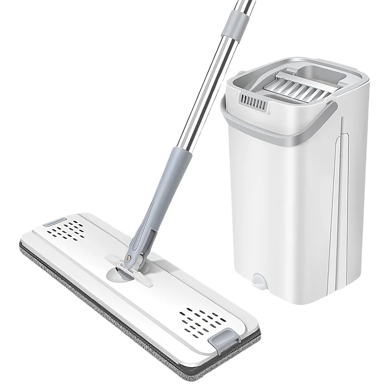 Hands-free bucket & flat mop, wet/dry use for bedrooms, kitchens, living rooms, bathrooms. Durable plastic