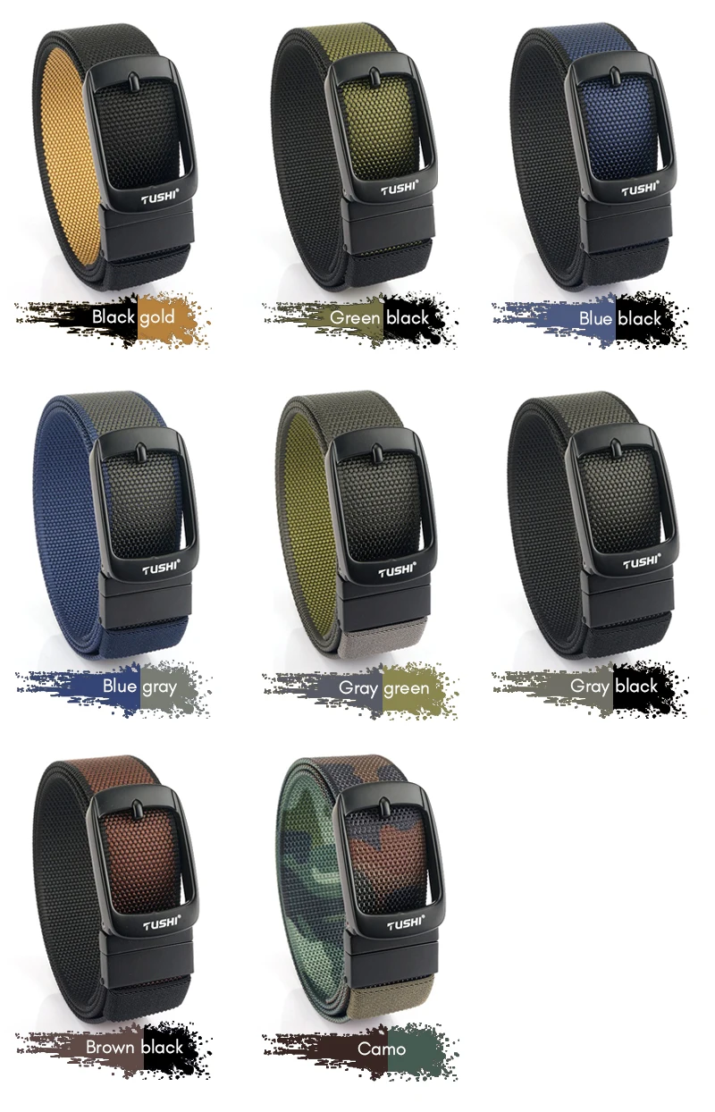 KOLBER New Reversible Belt for Men Alloy Silver Automatic Buckle Casual Belt Tight Nylon Outdoor Work Belt Black Waistband Male