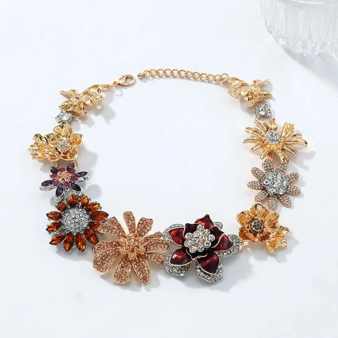 

ZAA Exaggerated Personality Colorful Rhinestone Flower Choker Necklaces for Women Vintage Ethnic Style Neck Accessories