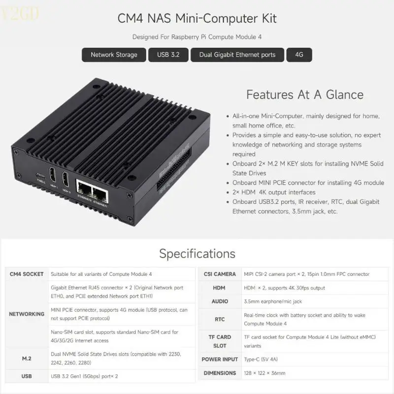 Jaringan Y2GD Mini-Komputer Penyimpanan Terlampir Untuk CM4, Slot SSD NVME Ganda, Mampu
