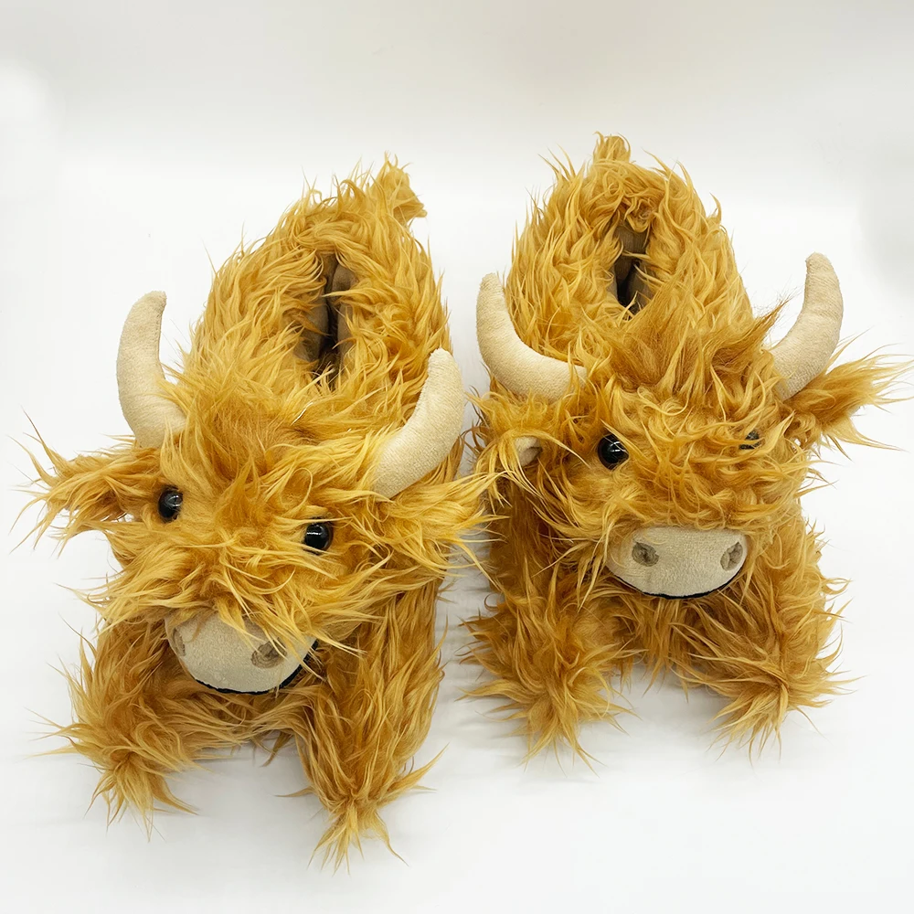 Highland Cow modne kapcie zimowe puszyste bydło pantofel pluszowy damskie szkockie buty krowy mężczyźni kryty Cartoon zwierząt pluszowe slajdy