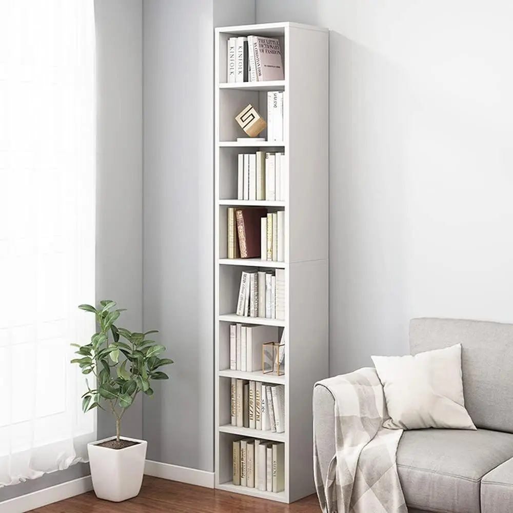 

White 71 Tall Corner Bookshelf with 8 Open Lattice Shelves for Compact Storage