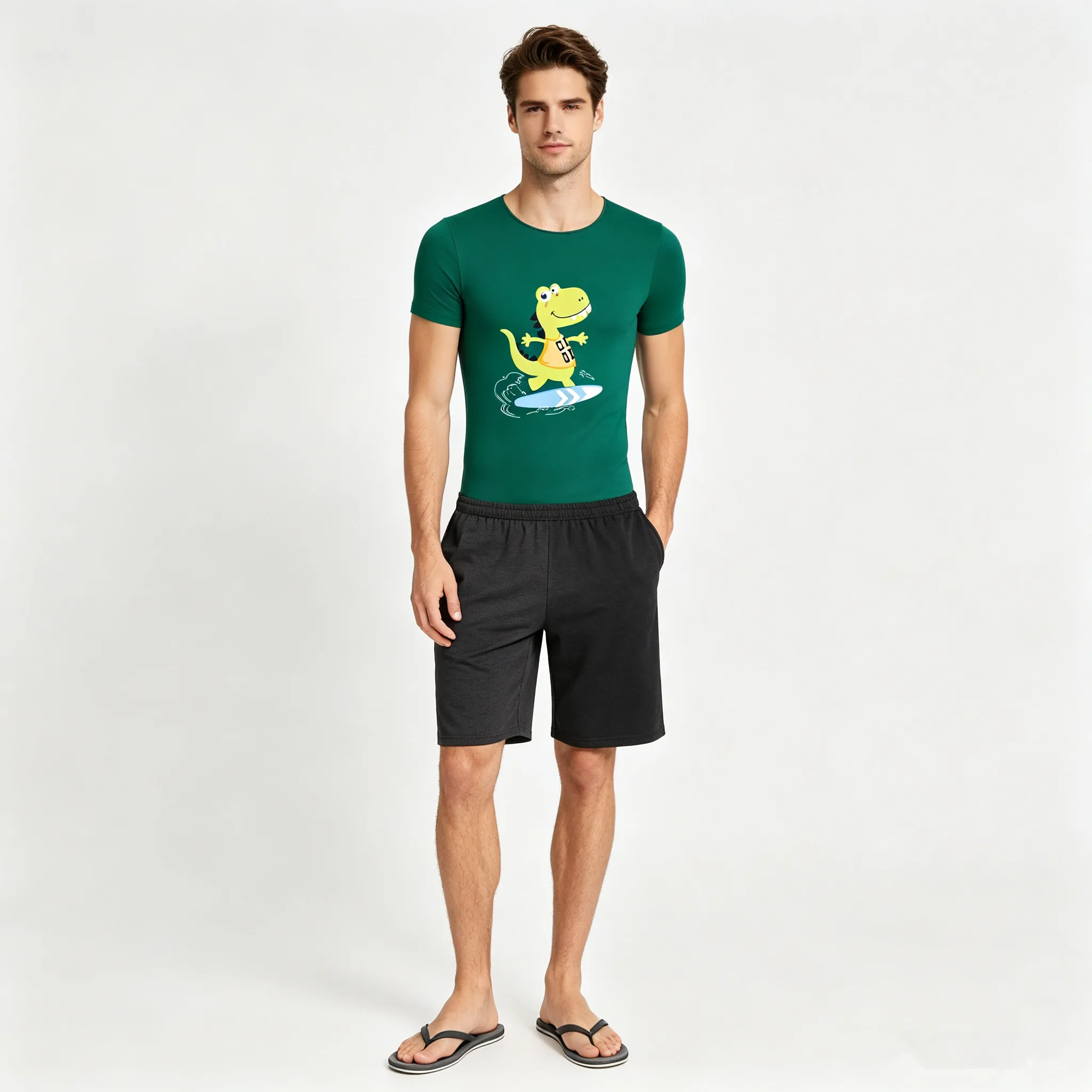 Pijama tipo body para hombre, manga corta, con botones en la entrepierna, estampado de dinosaurio de dibujos animados, leotardo, ropa de dormir, ropa para el hogar para necesidades especiales ASD, adaptativa