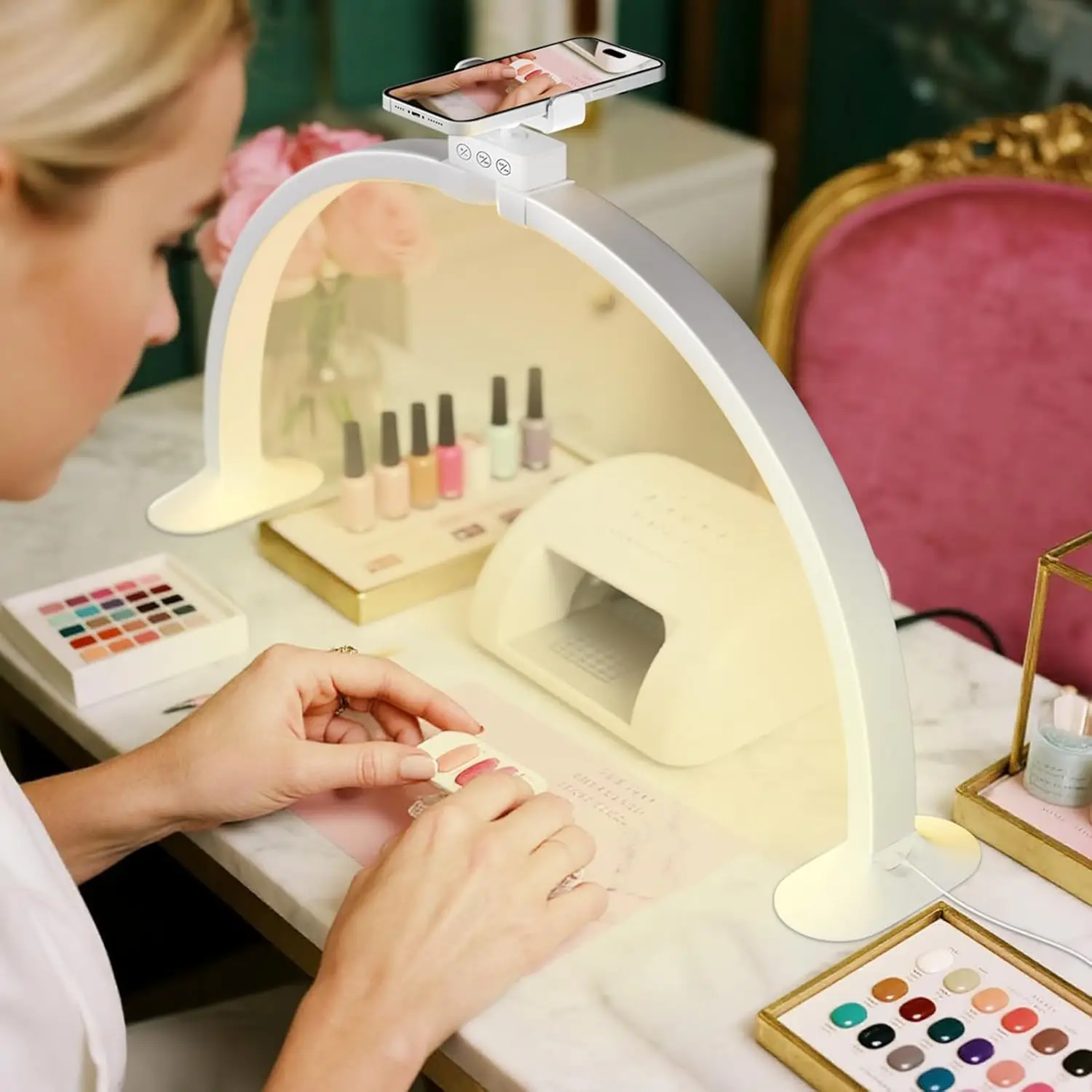 โคมไฟเล็บรูปตัวยู Half Moon Light สำหรับตกแต่งเล็บที่บ้าน โคมไฟเสริมความงามสำหรับร้านเสริมสวย โคมไฟตั้งโต๊ะสำหรับดูแลเล็บแบบเรียบง่าย โคมไฟ LED 36W 24 นิ้ว