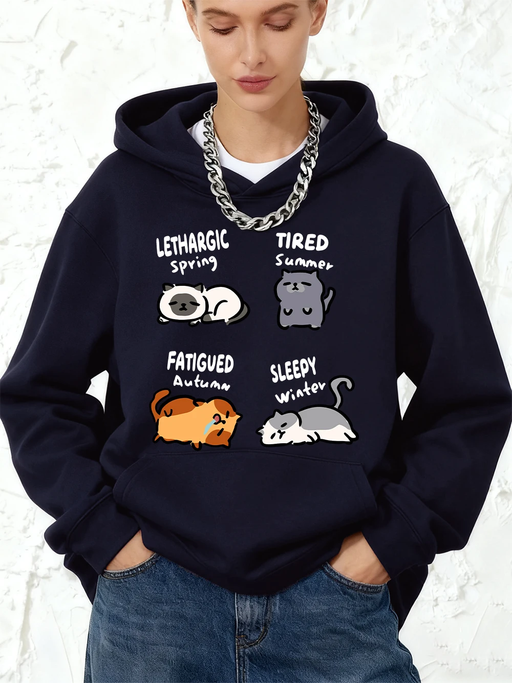 

Lethargic Tired Sleepy Cat Prints Hoodies Cotton Women Sporty Loose Tops Winter Fleece Warm Sweatshirt Jogging Pocket Clothes