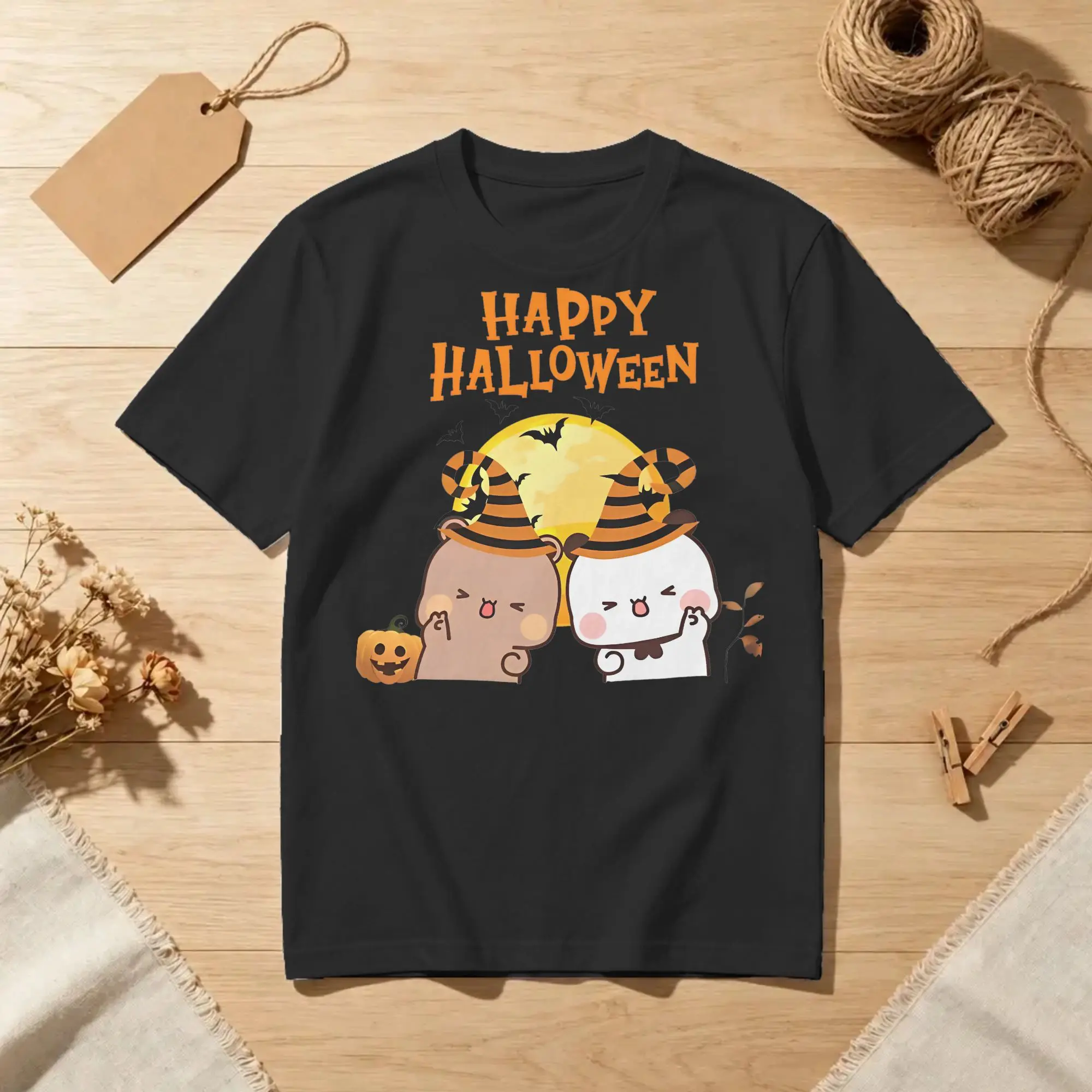 DuDu Bear and BuBu Panda Halloween T Shirts Men Women Pure Cotton Awesome T-Shirt Crewneck Kawaii Tee Shirt Short Sleeve Printed