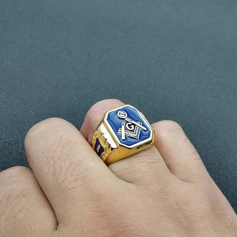 ULJ Vintage Gold Blue Color Side for Men\'s Jewelry Freemason Symbol G Templar Freemasonry Male Stainless Steel Rings