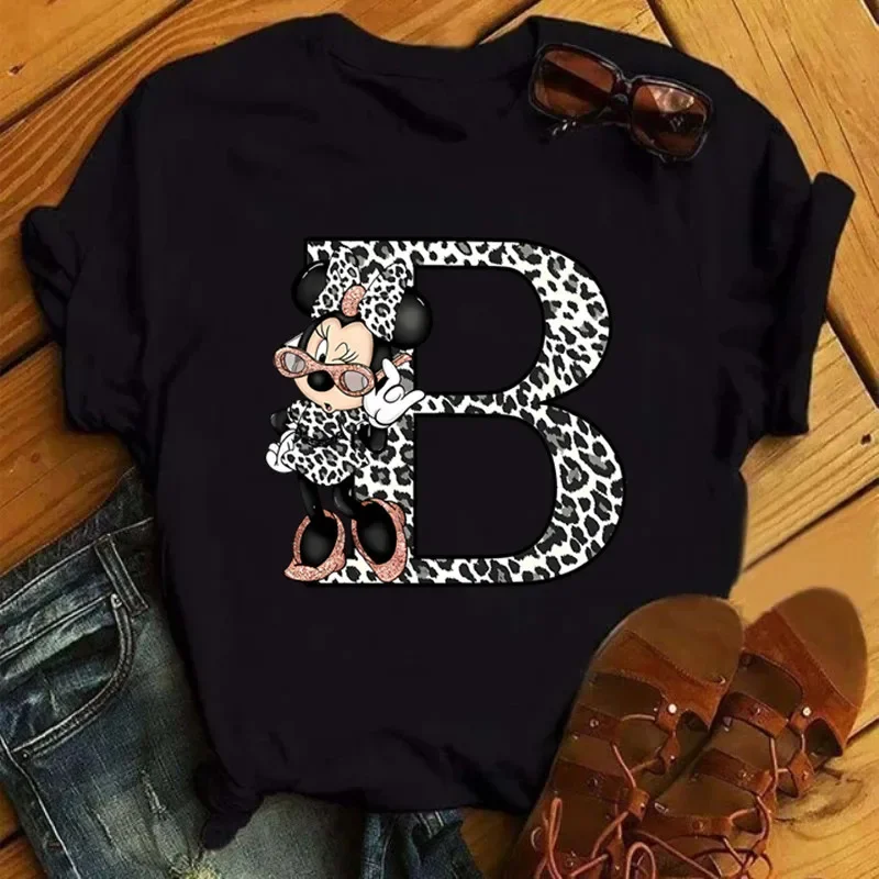 Disney Minnie Mouse A-Z Letters Children T-shirt Summer Short Sleeve Cotton Tshirt Boy Girl Clothing Fashion Top Casual Baby Tee