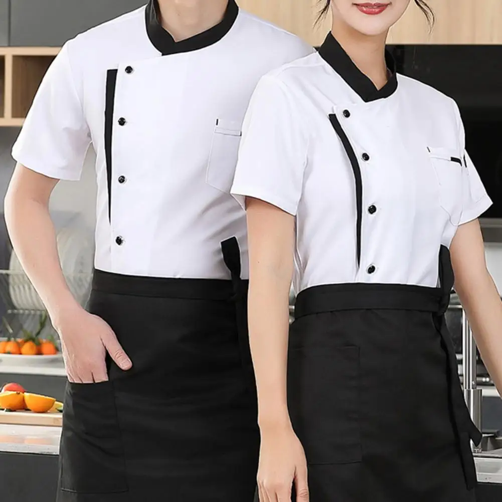 Chef Uniform Apron Set Stand Collar Short Sleeve Breathable Kitchen Jacket with Multi-Pocket Design Patchwork Color Kitchen Staf