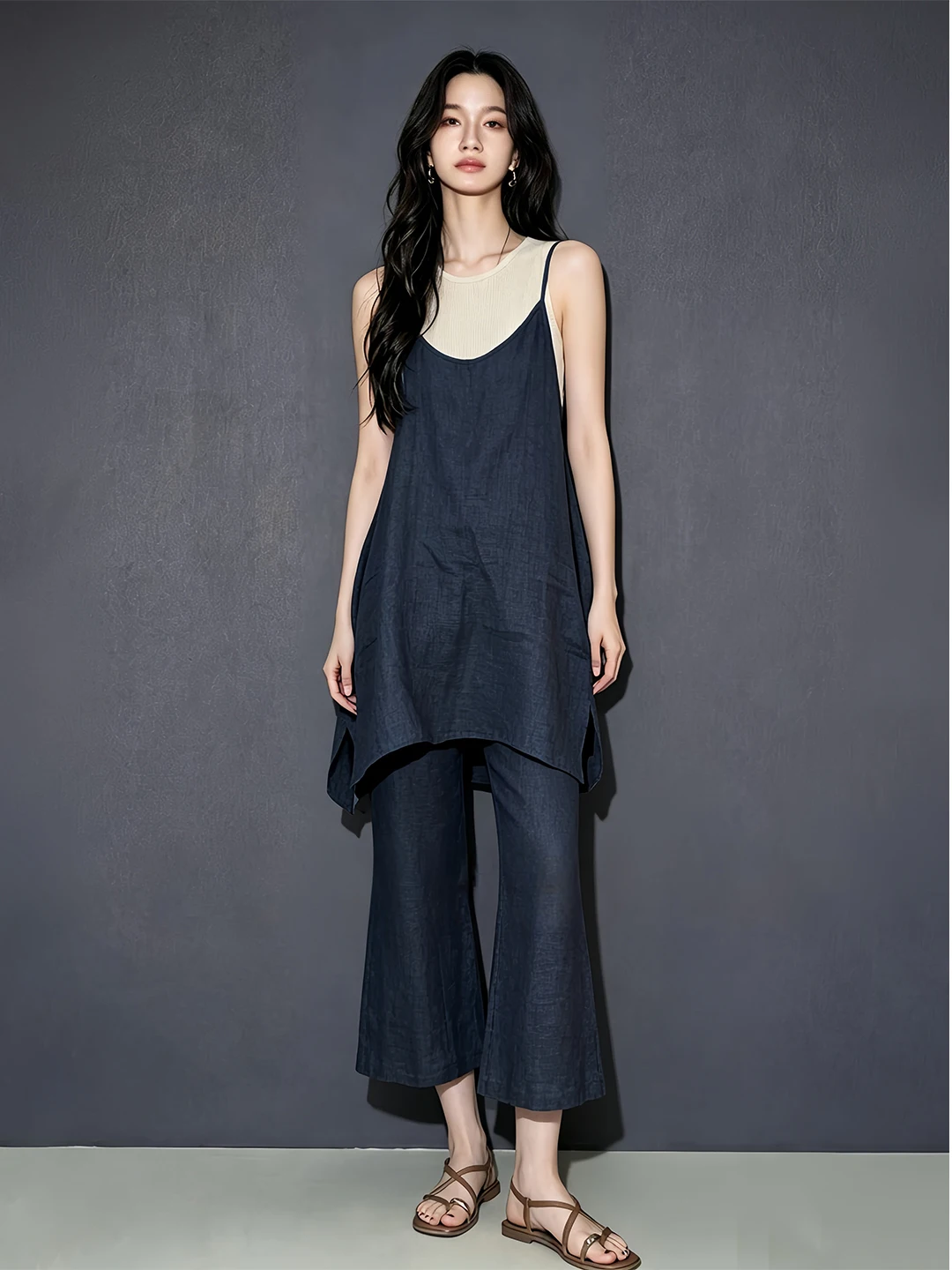 Linen Two-Piece Set Women's Summer Unique Beautiful Strap Vest Nine-Piece Pants Casual Style Breathable round Neck Button up